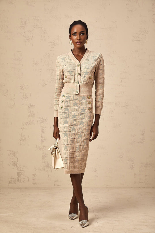 Khaki cardigan and skirt set with star pattern in crochet knit Leonie matching outfit
