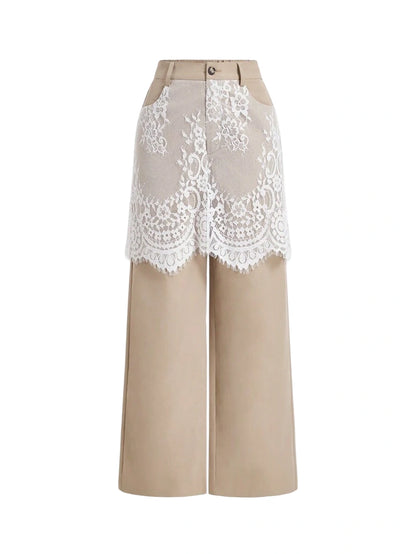 Khaki Lace Overlay 2 In 1 Jumpsuit With Straight Pants Womens TrousersRave Festival OutfitsRetro
