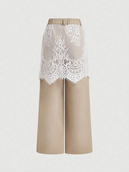 Khaki Lace Overlay 2 In 1 Jumpsuit With Straight Pants Womens TrousersRave Festival OutfitsRetro