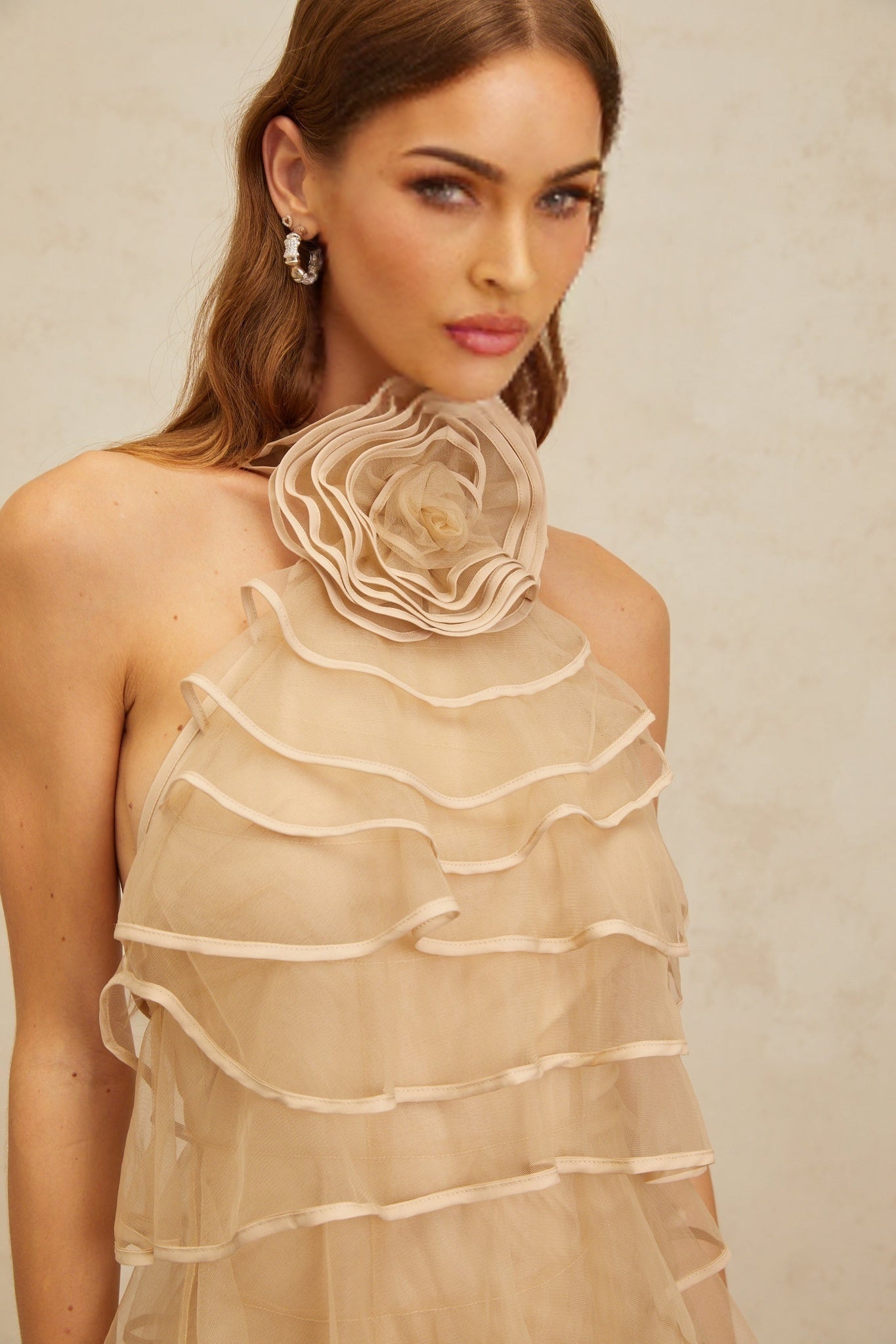 Khaki Neutrals Halterneck Layered Mini Dress with 3D-Petal and Ruffled Detailing
