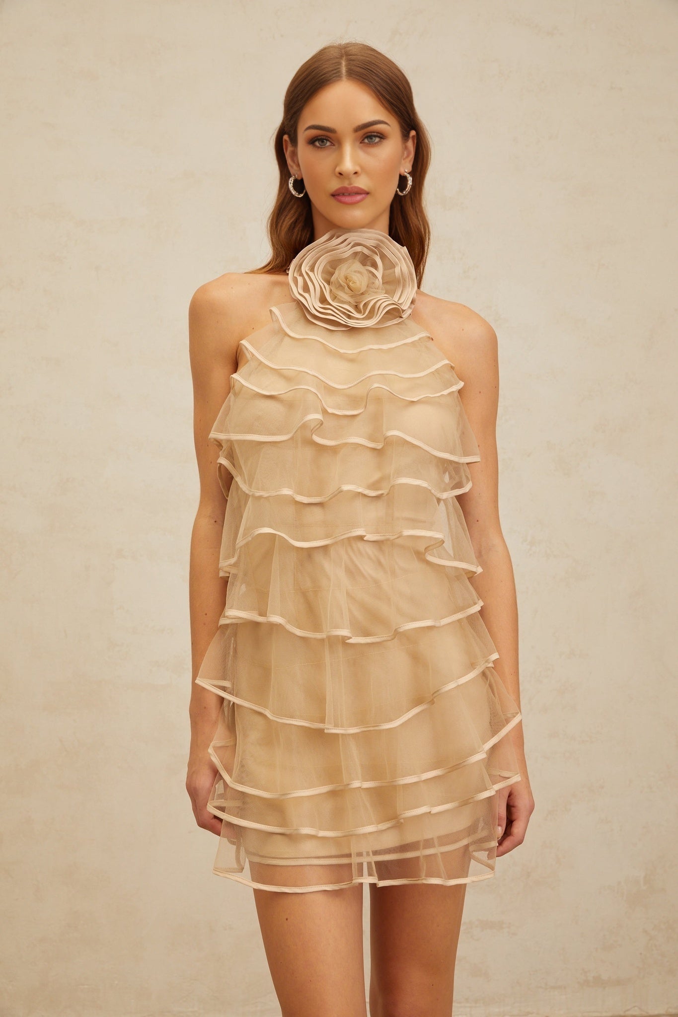 Khaki Neutrals Sleeveless Halterneck Layered Mini Dress with 3D-petal and Ruffled Detailing