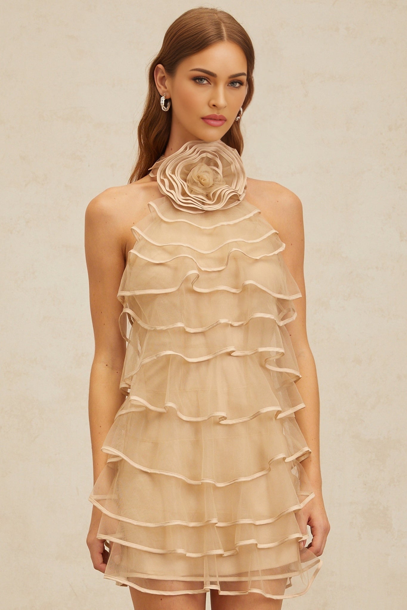 Khaki Neutrals Sleeveless Halterneck Layered Mini Dress with 3D-Petal and Ruffled Detailing
