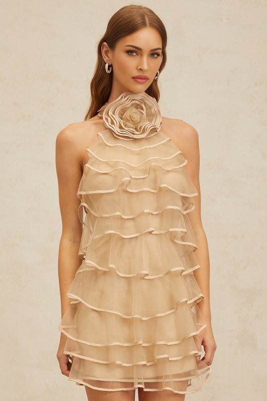 Khaki Neutrals Sleeveless Halterneck Layered Mini Dress with 3D-Petal and Ruffled Detailing