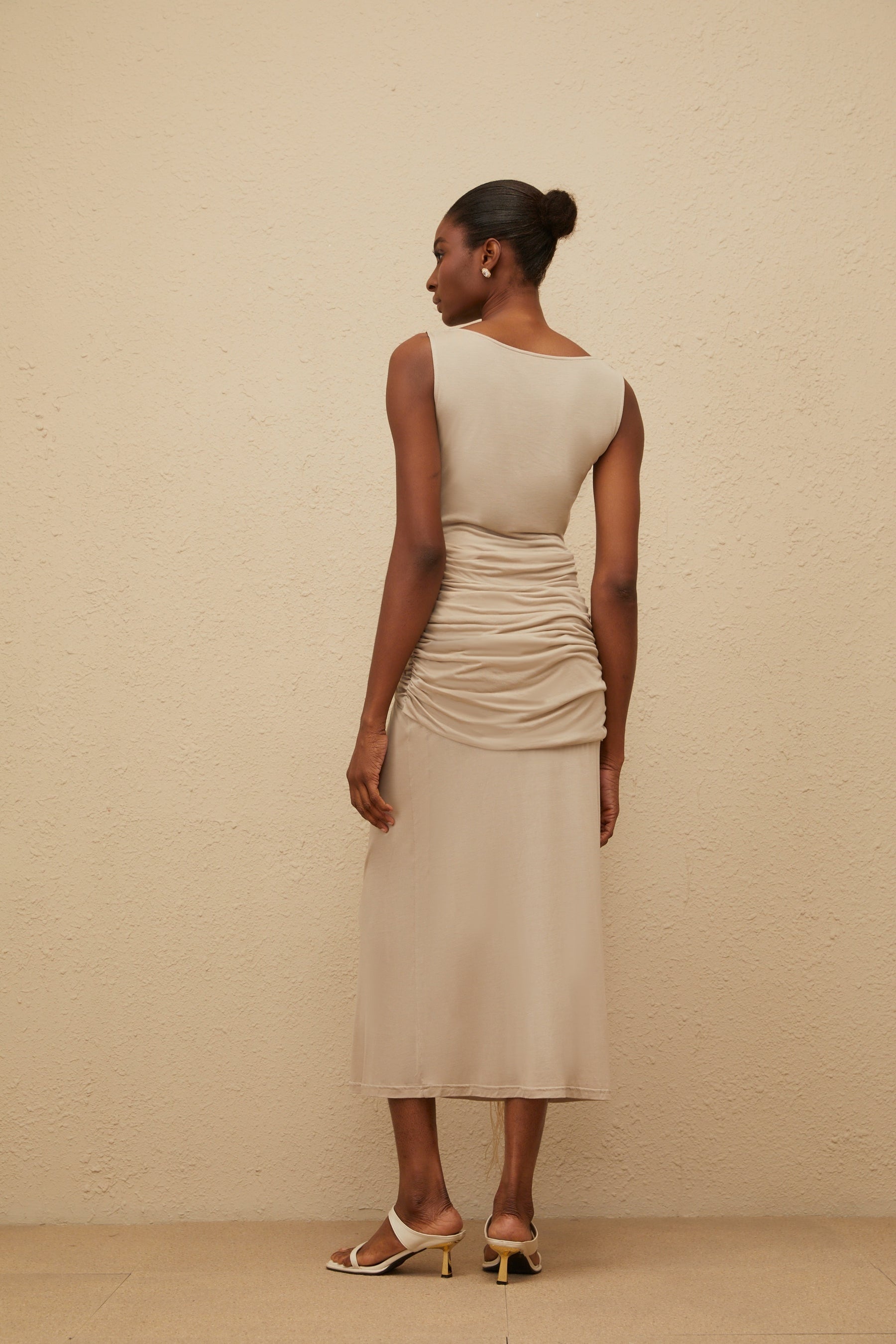 Khaki Sleeveless Cowl Neck Midi Dress in Neutrals