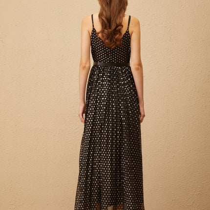 Khloe Black and Gold Polka Dot Midi Dress with V-Neck and Pleated Detailing
