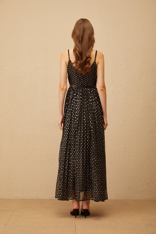 Khloe Black and Gold Polka Dot Midi Dress with V-Neck and Pleated Detailing