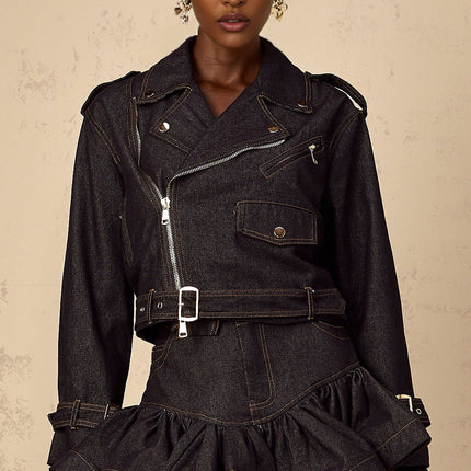 Khloe Denim Jacket in Blue with Gold-tone Buttons and Belted Cuffs