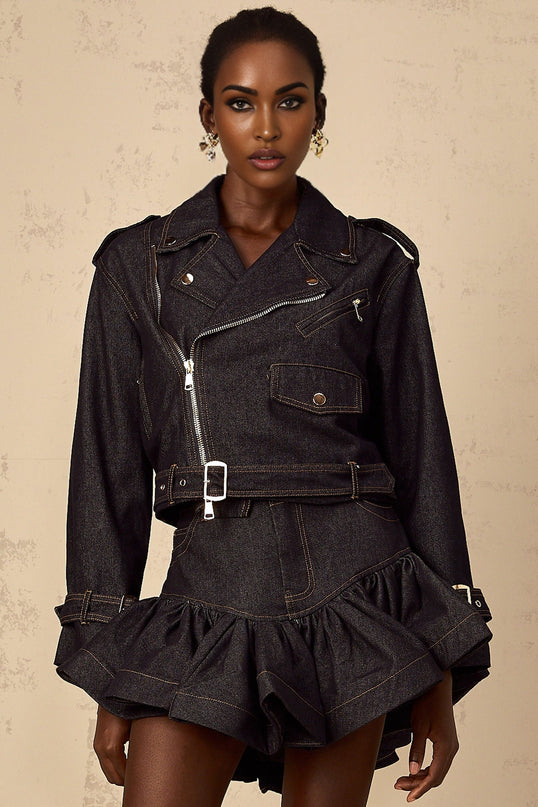 Khloe Denim Jacket in Blue with Gold-tone Buttons and Belted Cuffs