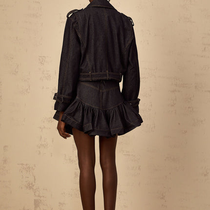 Khloe Denim Jacket in Indigo Blue with Gold-Tone Buttons and Belted Cuffs