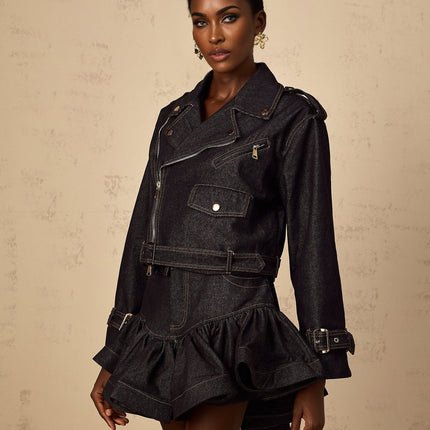 Khloe Denim Jacket in Indigo Blue with Gold-Tone Buttons and Belted Cuffs