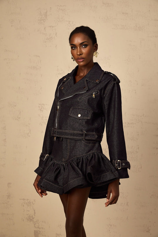 Khloe Denim Jacket in Indigo Blue with Gold-Tone Buttons and Belted Cuffs