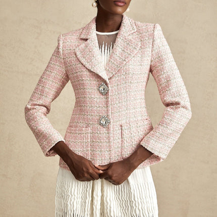 Khloe Pink Checked Tweed Crystal Embellished Blazer