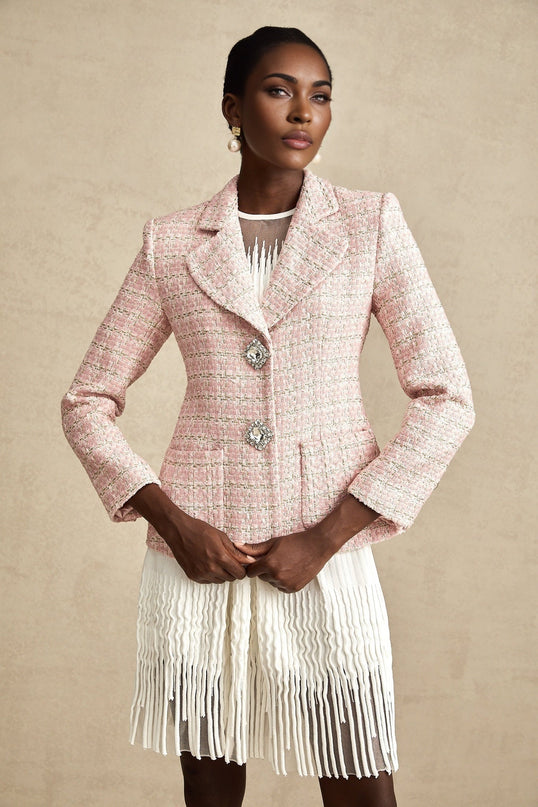 Khloe Pink Checked Tweed Crystal Embellished Blazer
