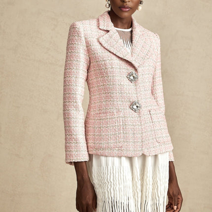 Khloe Pink Checked Tweed Crystal Embellished Blazer