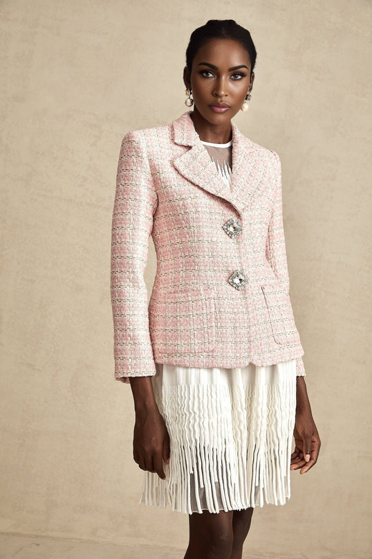 Khloe Pink Checked Tweed Crystal Embellished Blazer