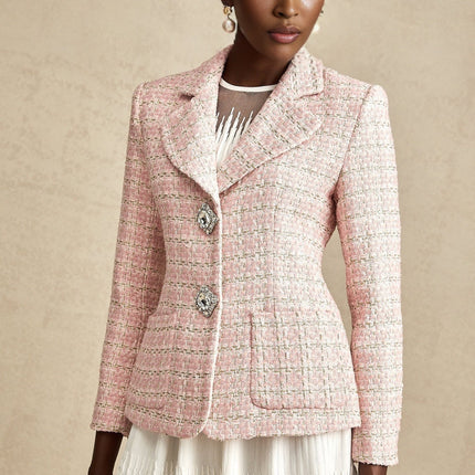 Khloe Pink Crystal Embellished Checked Tweed Blazer
