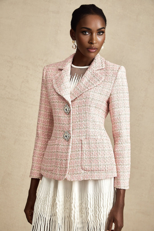 Khloe Pink Crystal Embellished Checked Tweed Blazer