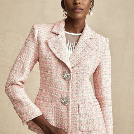 Khloe Pink Crystal Embellished Checked Tweed Blazer