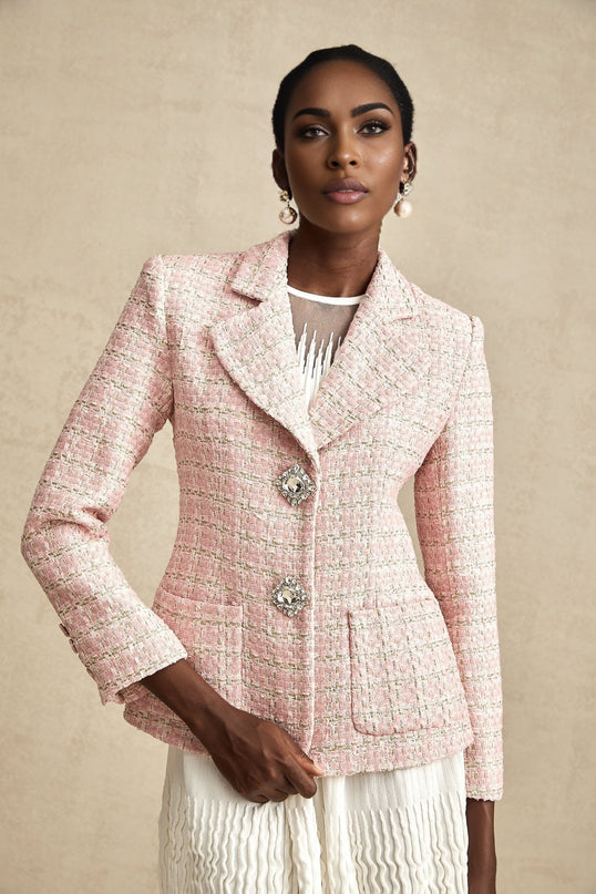 Khloe Pink Crystal Embellished Checked Tweed Blazer