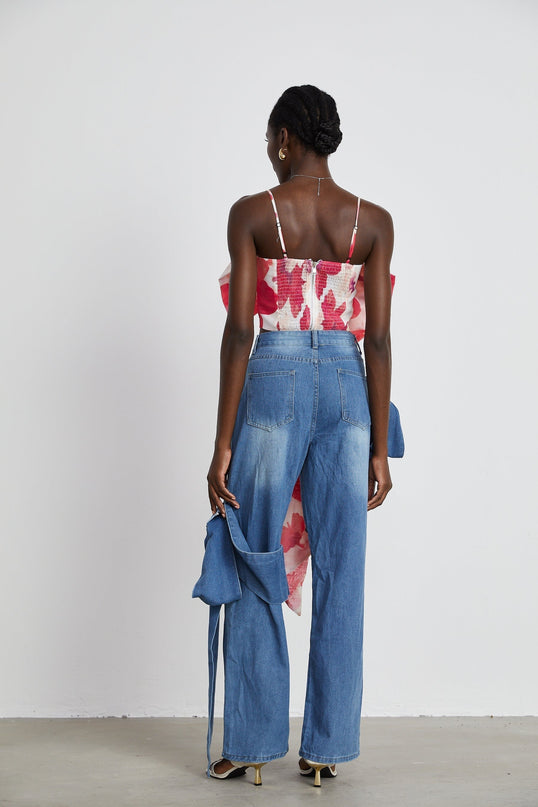 Khloe Wide Leg Blue Jeans with Bow Detail