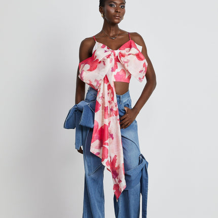 Khloe Wide Leg Blue Jeans with Bow Detail