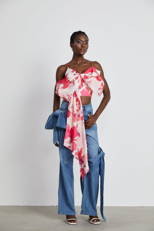 Khloe Wide Leg Blue Jeans with Bow Detail