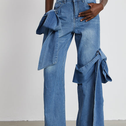 Khloe Wide Leg Blue Jeans with Bow Detail