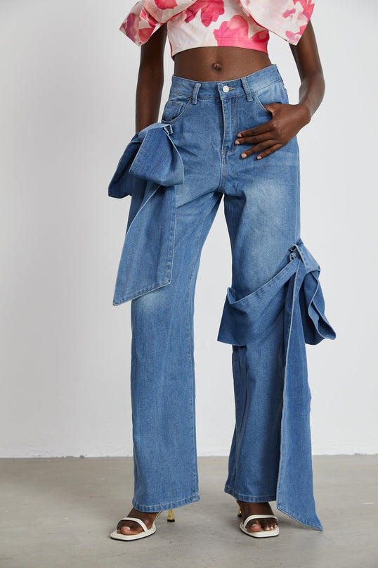 Khloe Wide Leg Blue Jeans with Bow Detail