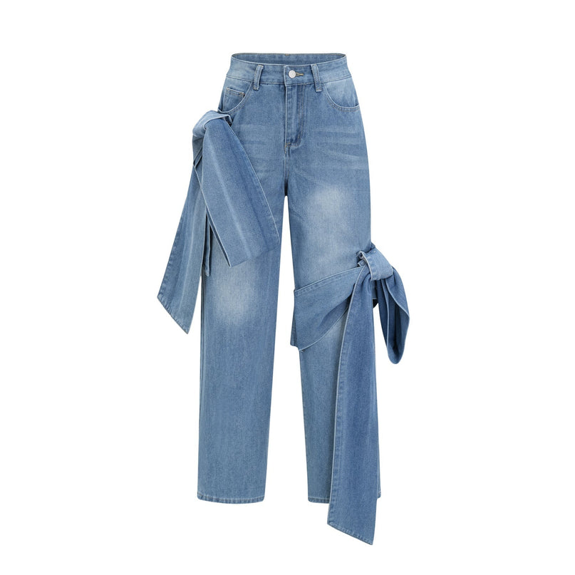 Khloe Wide Leg Jeans Blue with Bow Detail