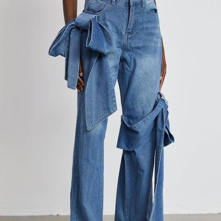Khloe Wide Leg Jeans Blue with Bow Detail