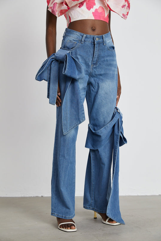 Khloe Wide Leg Jeans Blue with Bow Detail