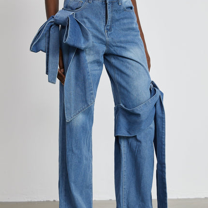 Khloe Wide Leg Jeans Blue with Bow Detail