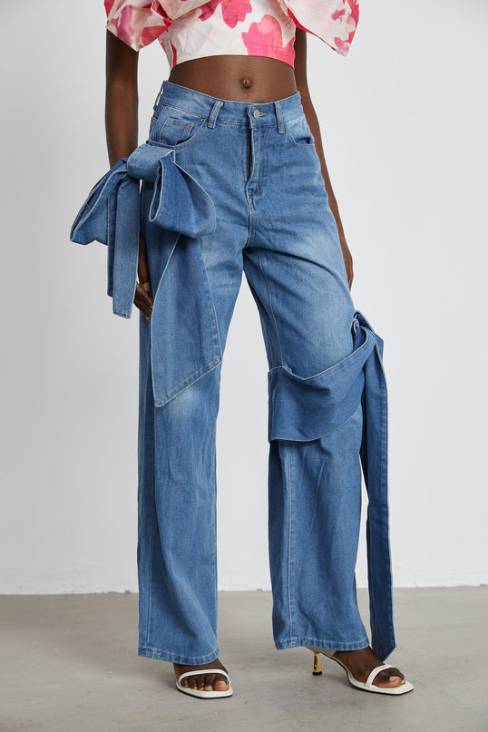 Khloe Wide Leg Jeans Blue with Bow Detail