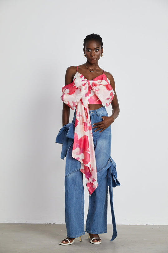 Khloe Wide Leg Jeans Blue Bow Detail