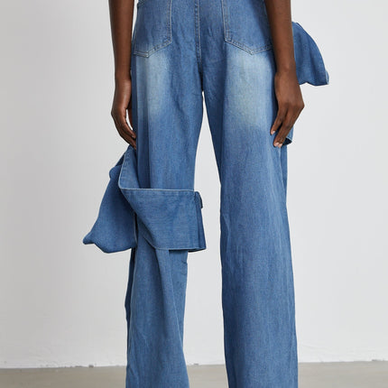Khloe Wide Leg Jeans Blue with Bow Detail