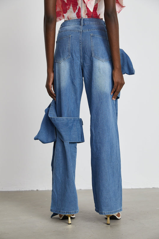Khloe Wide Leg Jeans Blue with Bow Detail