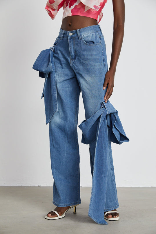 Khloe Wide Leg Jeans Blue Bow Detail