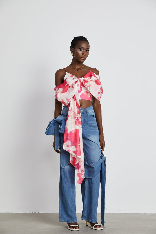 Khloe Wide Leg Jeans with Blue Bow Detail