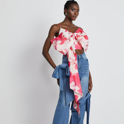 Khloe Wide Leg Jeans Blue with Bow Detail
