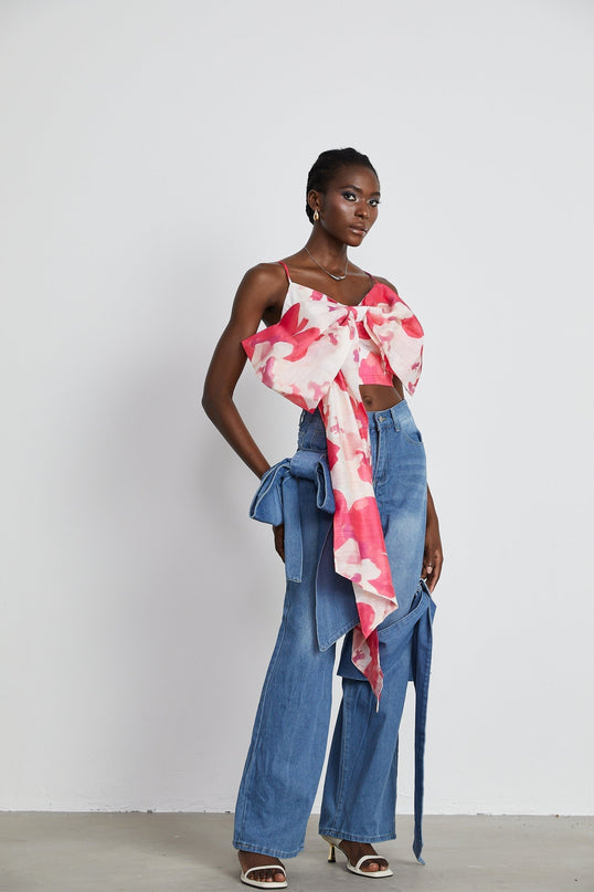 Khloe Wide Leg Jeans Blue with Bow Detail
