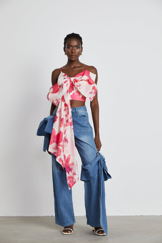 Khloe Wide Leg Jeans Blue with Bow Detail