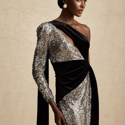 Kiara Black Sequin Embellished Maxi Dress with Attached Scarf