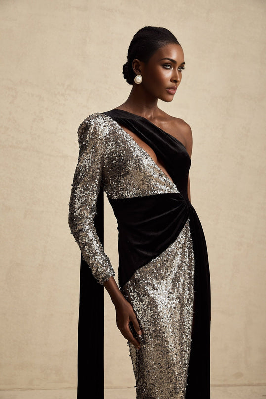 Kiara Black Sequin Embellished Maxi Dress with Attached Scarf