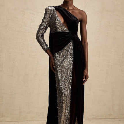 Kiara Black Sequin Maxi Dress with Attached Scarf