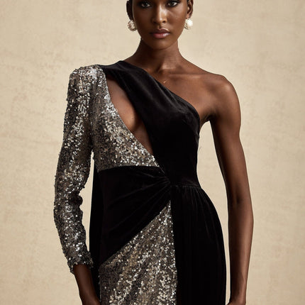 Kiara Black Sequin Maxi Dress with Scarf Detail