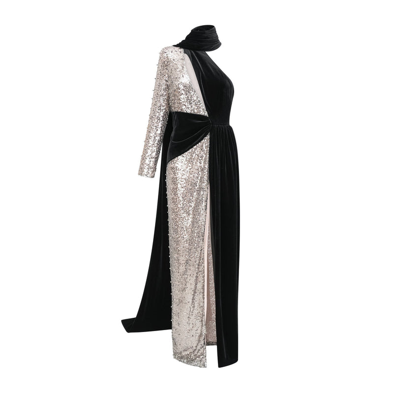 Kiara Black Sequin Maxi Dress with Asymmetric One-Sleeve Silhouette and Attached Scarf