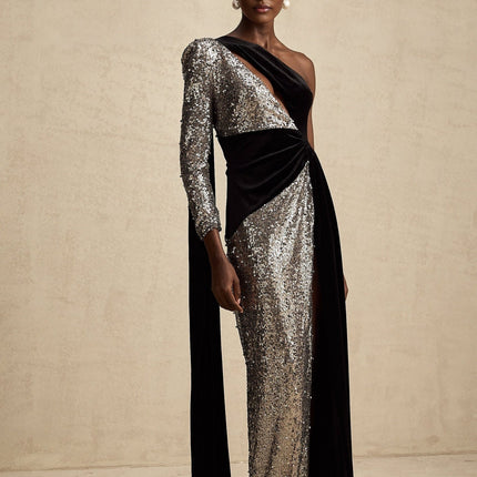 Kiara Black Sequin Maxi Dress with Attached Scarf and Asymmetric One-Sleeve Silhouette