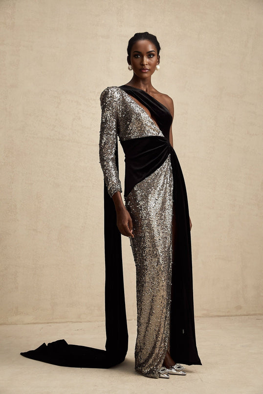 Kiara Black Sequin Maxi Dress with Attached Scarf and Asymmetric One-Sleeve Silhouette