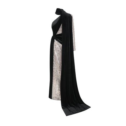 Kiara Black Sequin Maxi Dress with Attached Scarf and Asymmetric One-Sleeve Silhouette