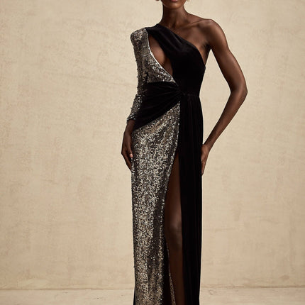 Kiara Black Sequin Maxi Dress with Attached Scarf and Pleated Detailing